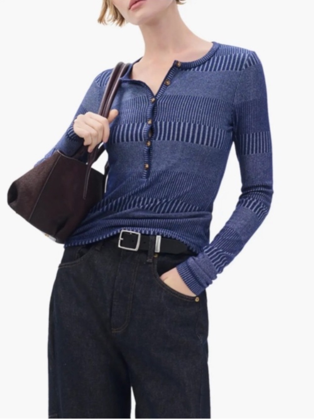 NWT rag & bone Sky Blue Multi The Knit 2Tone Ribbed Henley Long Sleeve